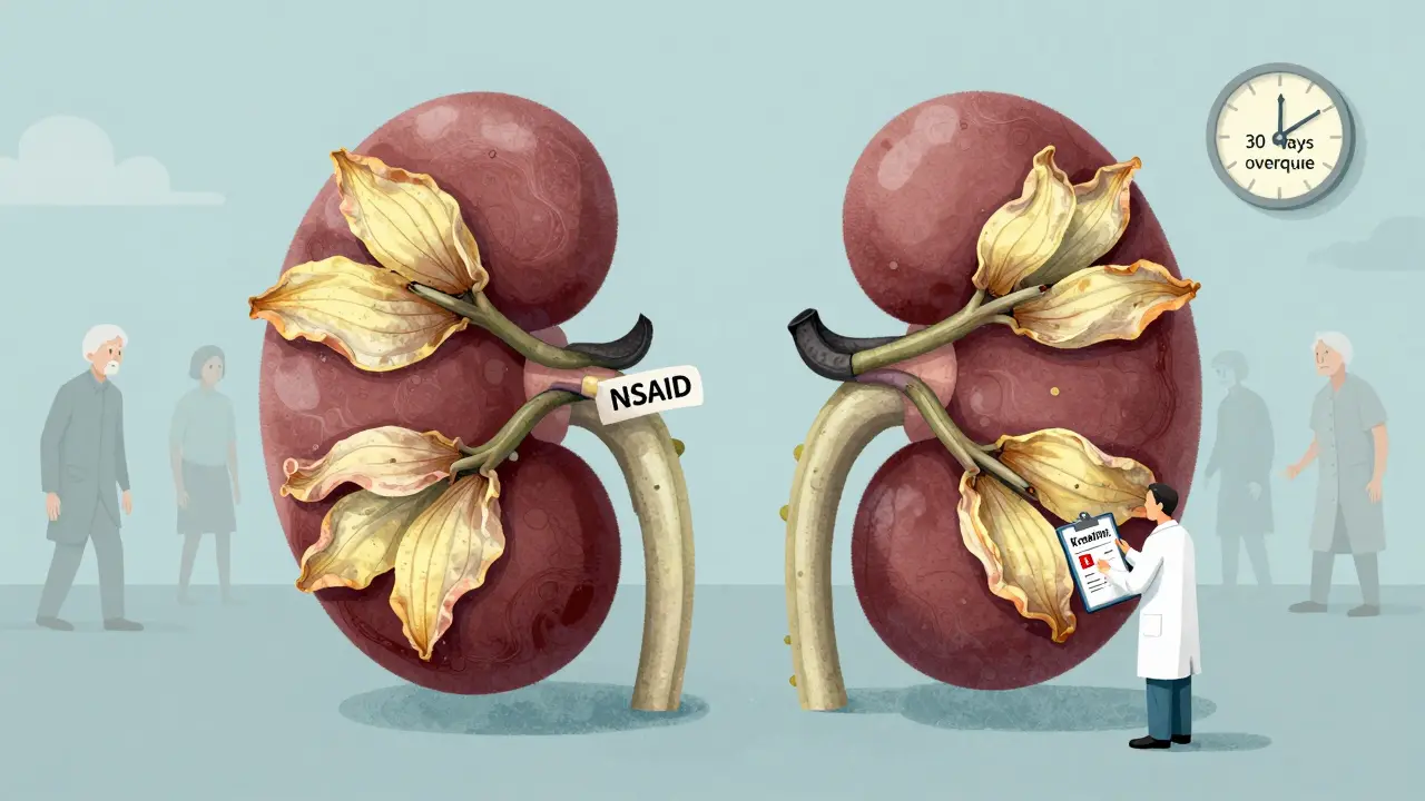 Nieren als verwelkte Blumen, von einer NSAID-Schlange erstickt, mit einem Arzt, der einen abnormalen Kreatininwert zeigt.