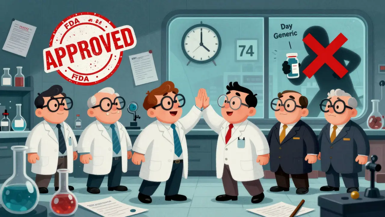 Team celebrates FDA approval of first generic drug as fake competitor is blocked.