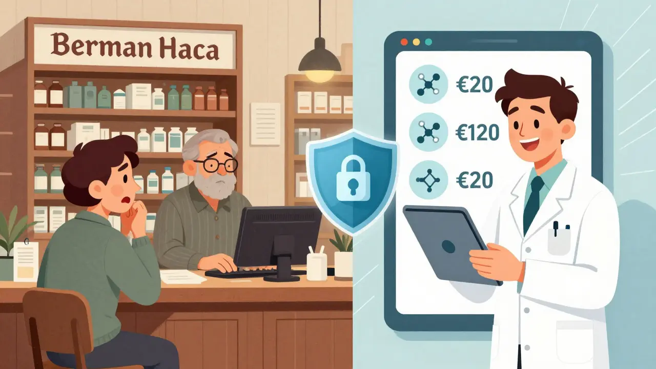 Vergleich: Überfüllte Apotheke vs. einfache Online-Beratung, im CalArts-Stil.