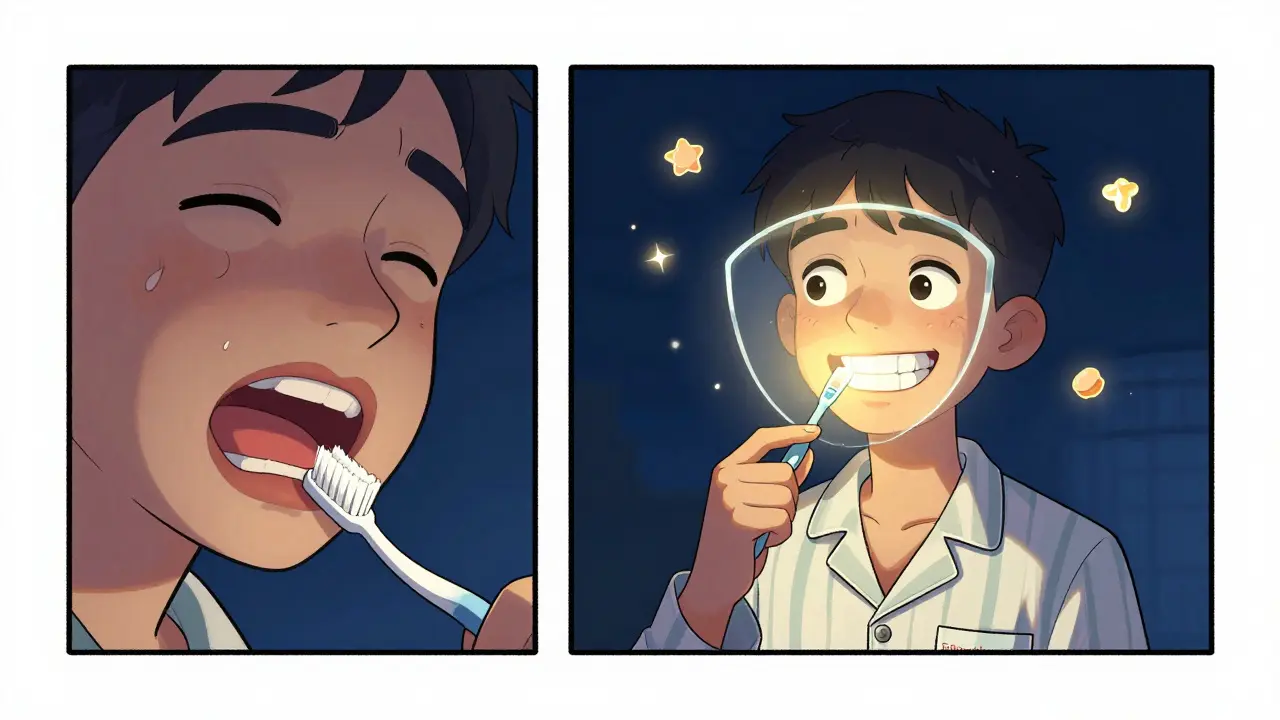 Vergleichsscene: Nacht mit trockenem Mund links, rechts dieselbe Person mit feuchtem, geschütztem Mund und Fluorid-Gel.