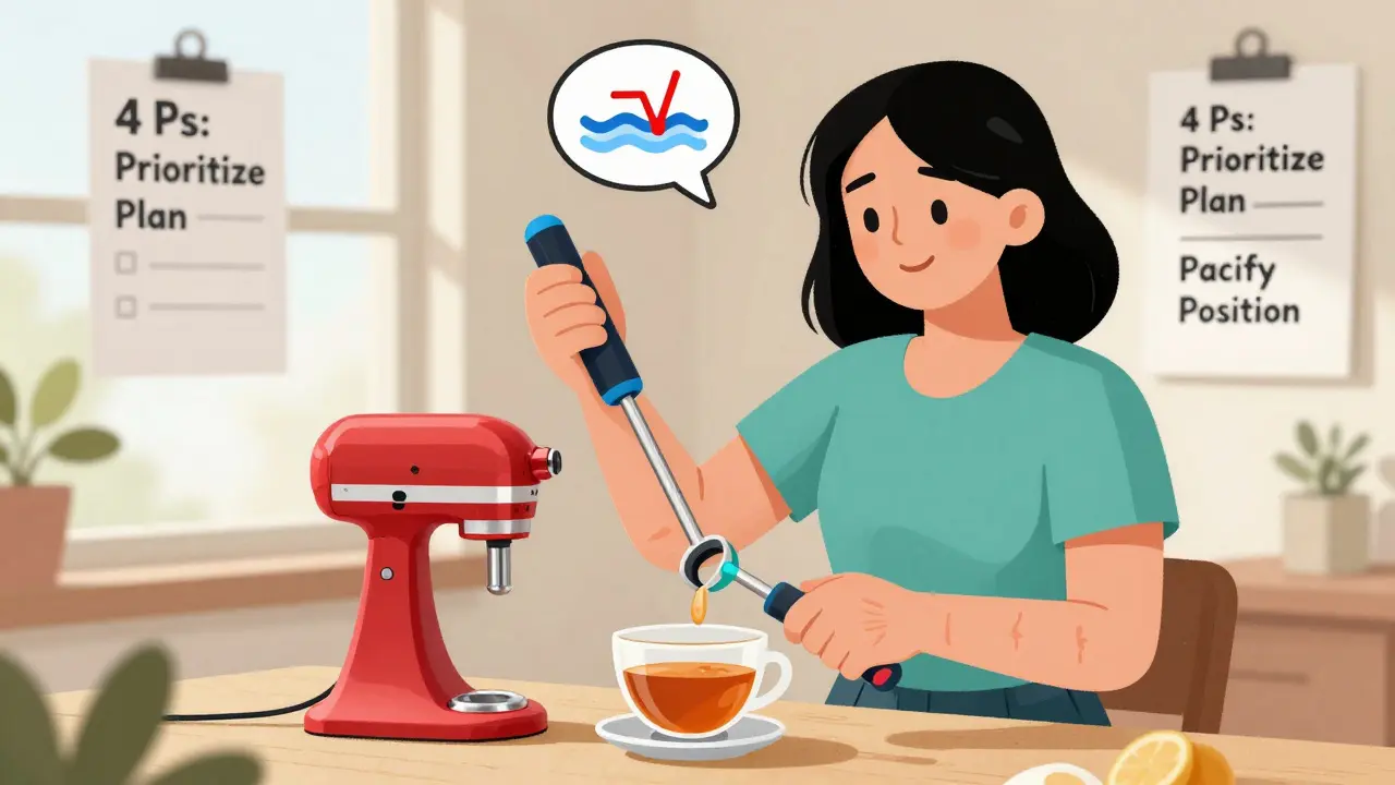 Woman using adaptive tools like grabber and ergonomic aid while preparing tea, sunlight and checklist visible.