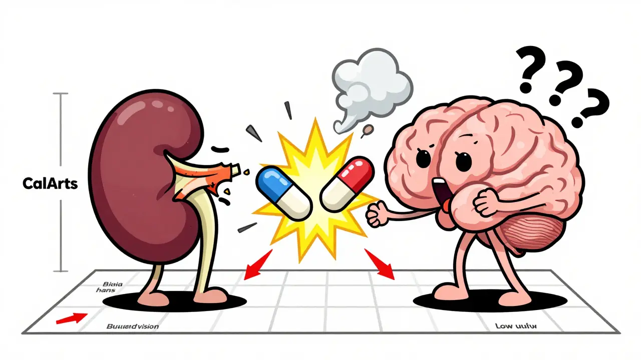 Zwei cartoonhafte Nieren und ein Gehirn mit nervösen Nerven, die von zwei kollidierenden Pillen beschädigt werden, Symptome als Pfeile dargestellt.