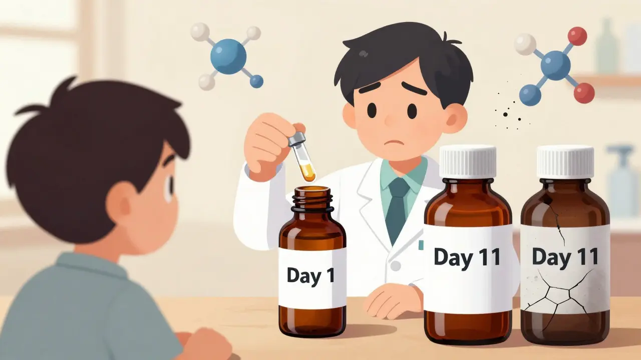 Apotheker füllt frische Antibiotika-Lösung in eine dunkle Flasche, daneben vergleichbare Flaschen in frisch und abgelaufenem Zustand.