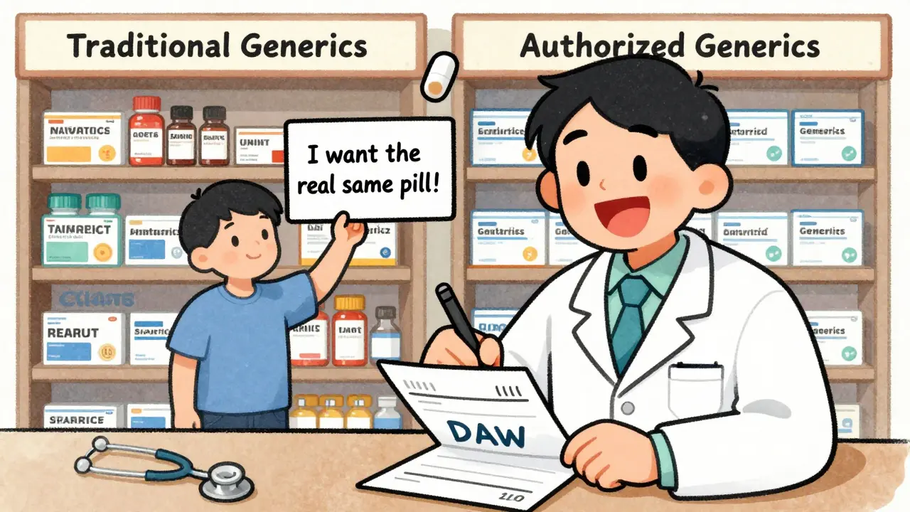 Arzt schreibt 'DAW' auf ein Rezept, während Patient nach dem authentischen Medikament fragt — klarer Hinweis auf Wahlmöglichkeiten.