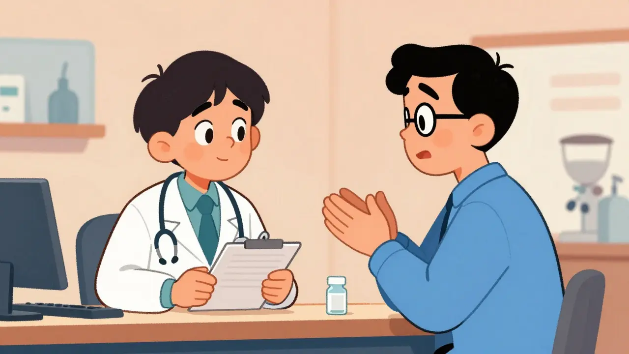 Arzt und Apotheker führen Gespräch über Medikamentensubstitution im Cartoon-Stil