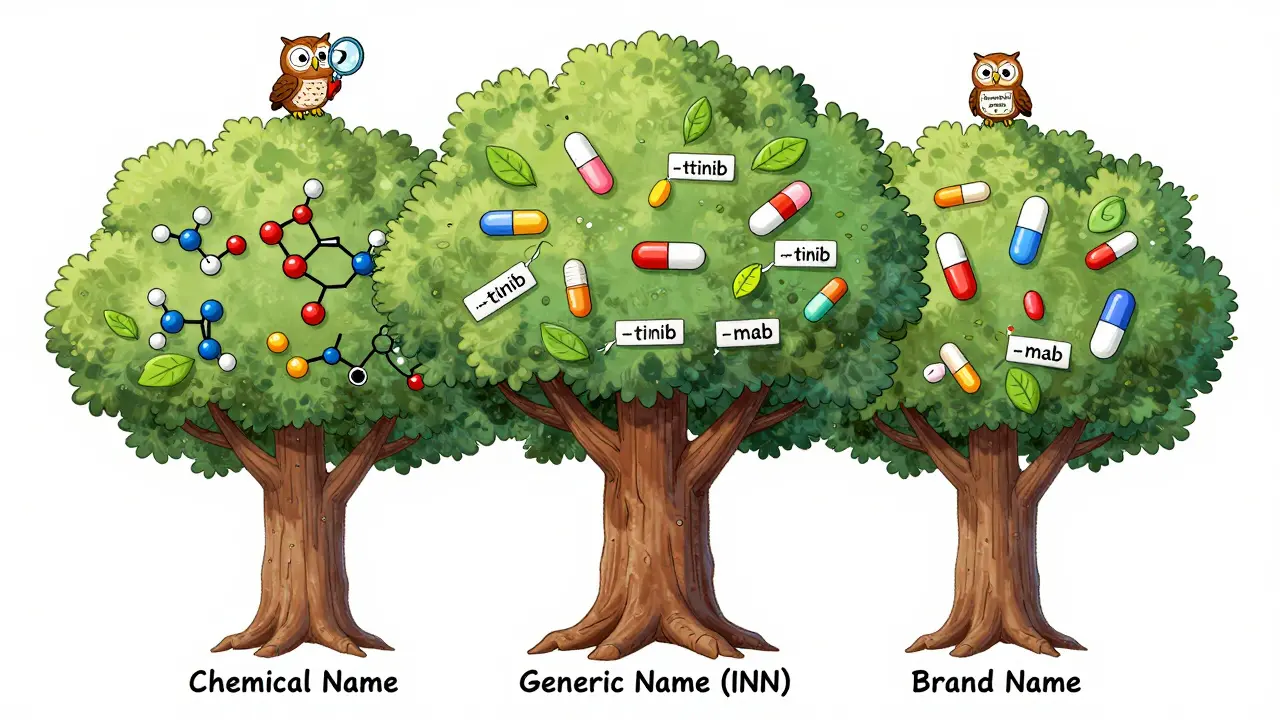 Baum mit drei Stämmen für chemische, generische und Markennamen, beladen mit Medikamenten und einem OWL mit Verwechslungswarnung.