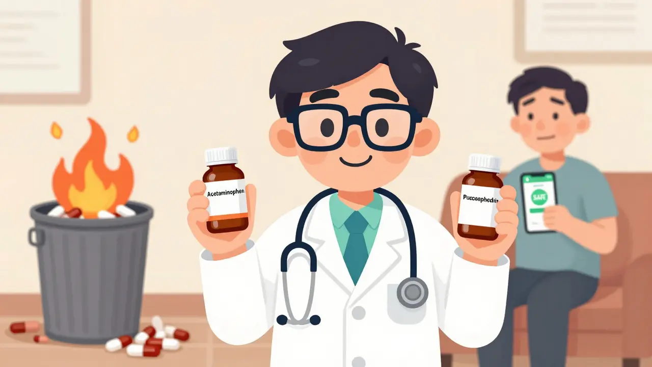 Ein Apotheker zeigt sichere Einzelmedikamente, während gefährliche Kombinationen in einem Mülleimer verbrennen.