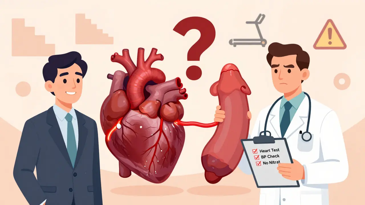 Ein Herz und ein Penis sind mit Blutgefäßen verbunden, ein Arzt prüft Herzgesundheit, Warnsymbole schweben.