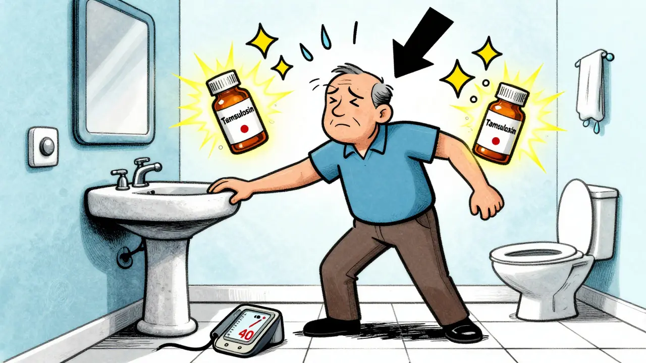 Ein Mann mit Schwindel, zwei Medikamentenflaschen leuchten warnend, Blutdruckwert 70/40.