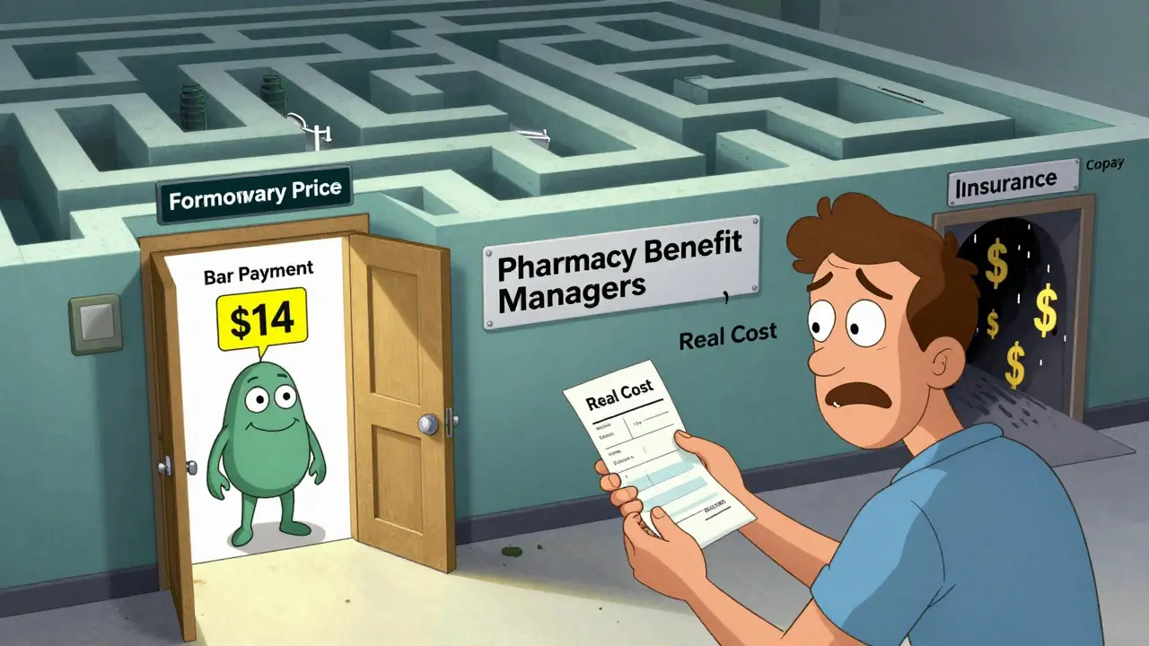 Ein Patient vor einem Labyrinth aus PBM-Begriffen, mit einem hellen Ausgang für Barzahlung und einem dunklen Tunnel für Versicherung.