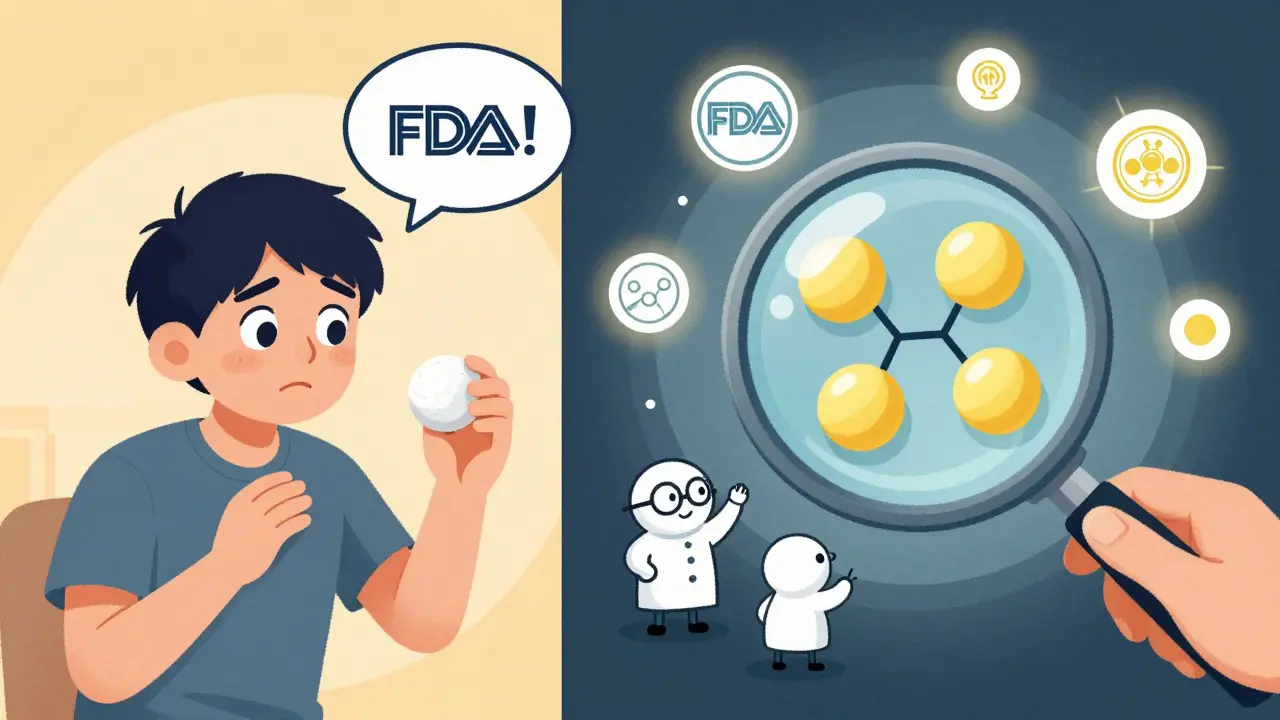 Ein Patient zweifelt an einer pillenfarbänderung, während eine Lupe die gleiche chemische Struktur zeigt.