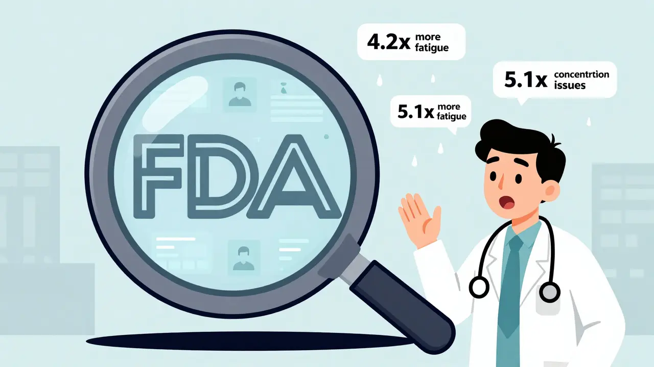 Eine FDA-Magnifying-Glass zeigt, wie Patientenmeldungen Müdigkeit und Konzentrationsprobleme viel häufiger erfassen als Ärzte.