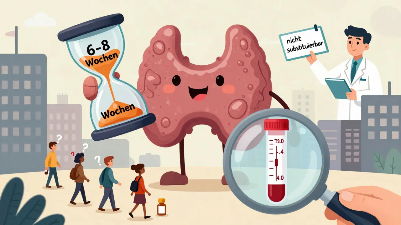 Eine freundliche Schilddrüse über einer Stadt hält eine Stunde-Glas mit '6-8 Wochen', während ein Rezept 'nicht substituierbar' zeigt