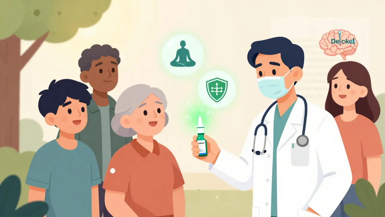 Eine medizinische Fachkraft gibt Naloxon-Nasenspray an verschiedene Menschen aus, symbolisch für Rettung und Hoffnung.