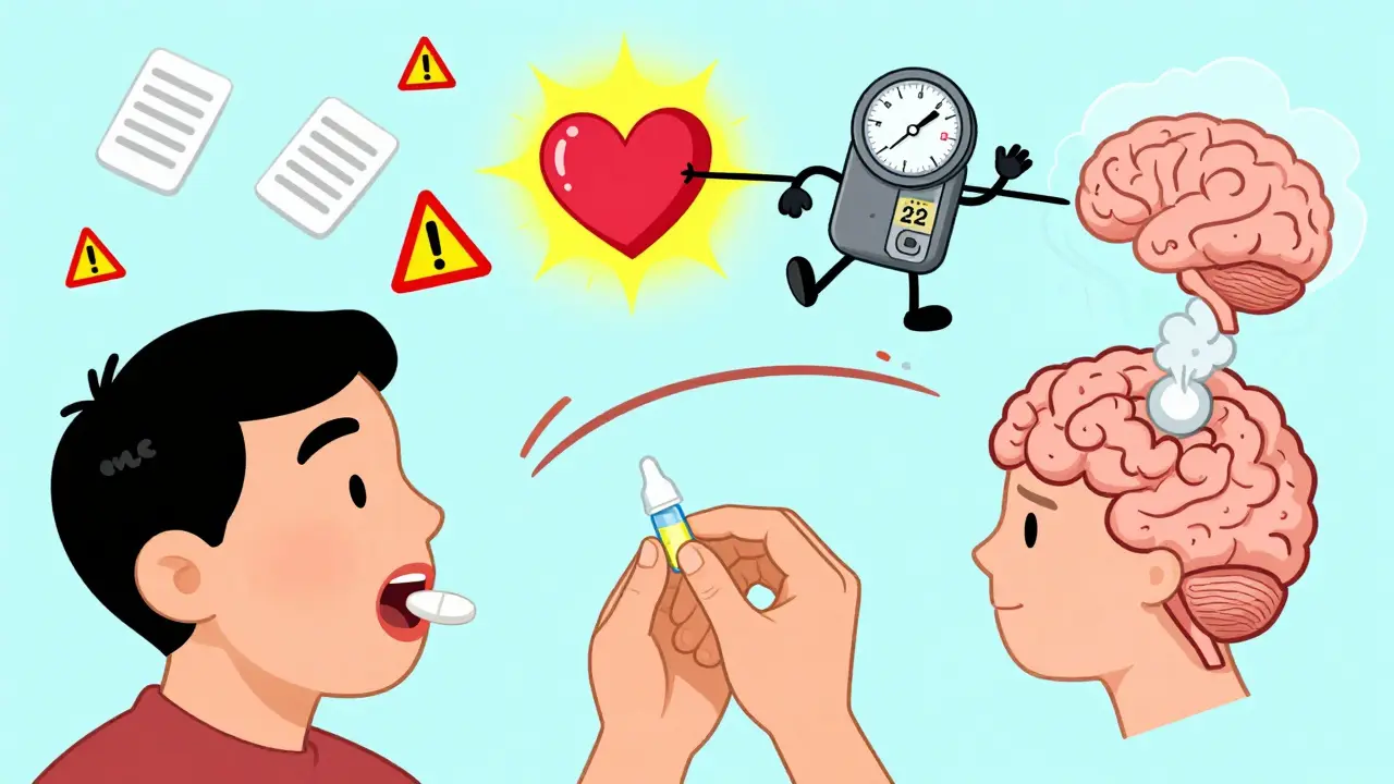 Eine Person nimmt mehrere Medikamente gleichzeitig, während ein serotoninvermitteltes Chaos aus ihrem Kopf ausbricht.