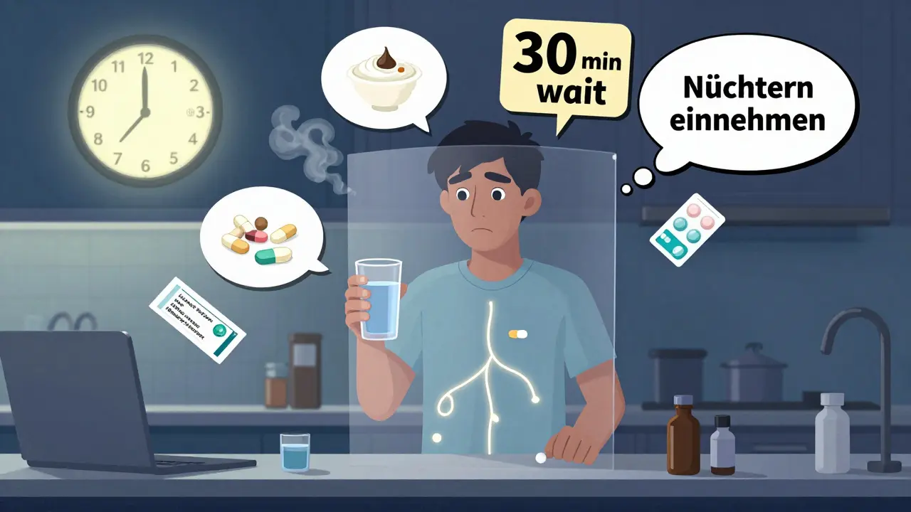 Eine Person nimmt morgens nüchtern Levothyroxin ein, während Störungen wie Kaffee und Joghurt blockiert werden