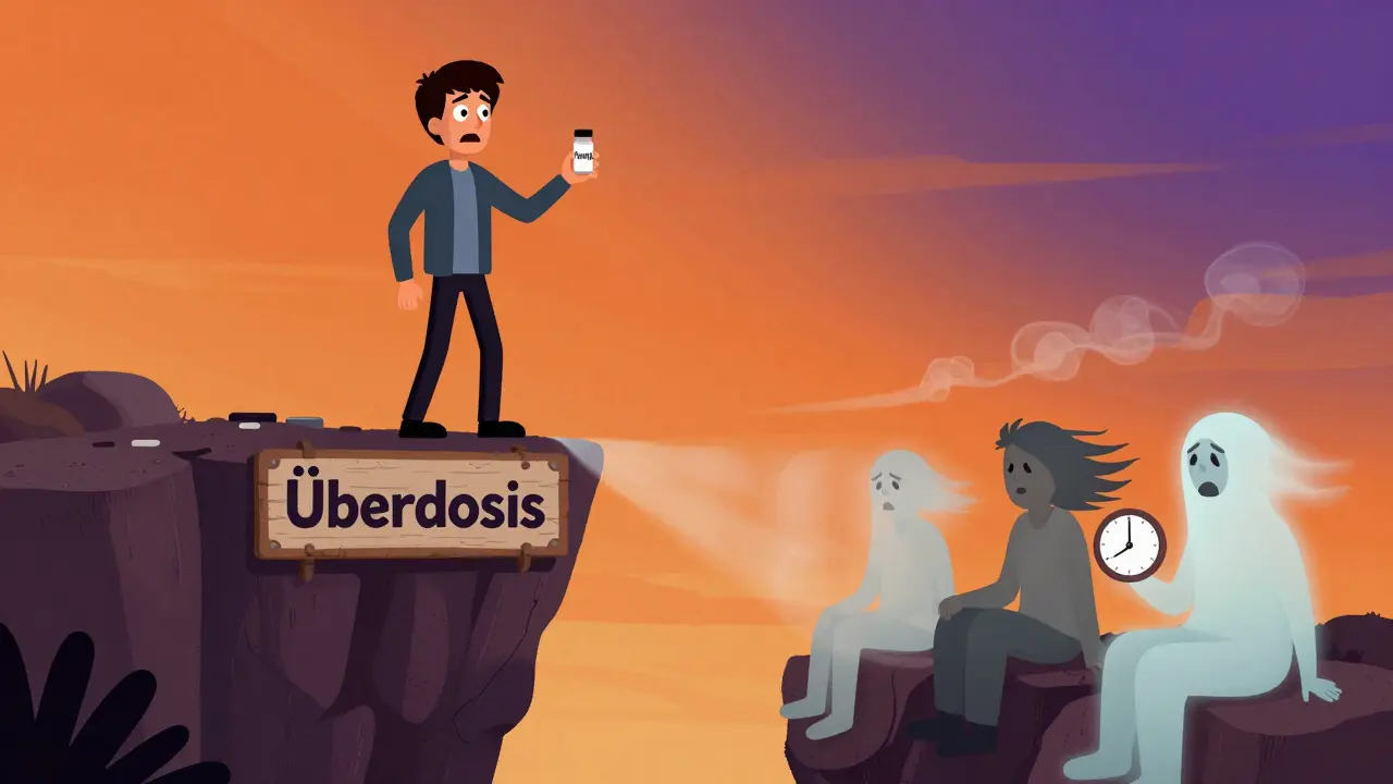 Eine Person steht am Rand einer Klippe mit Fentanyl, während vergangene Versionen ihrer selbst sie beobachten.