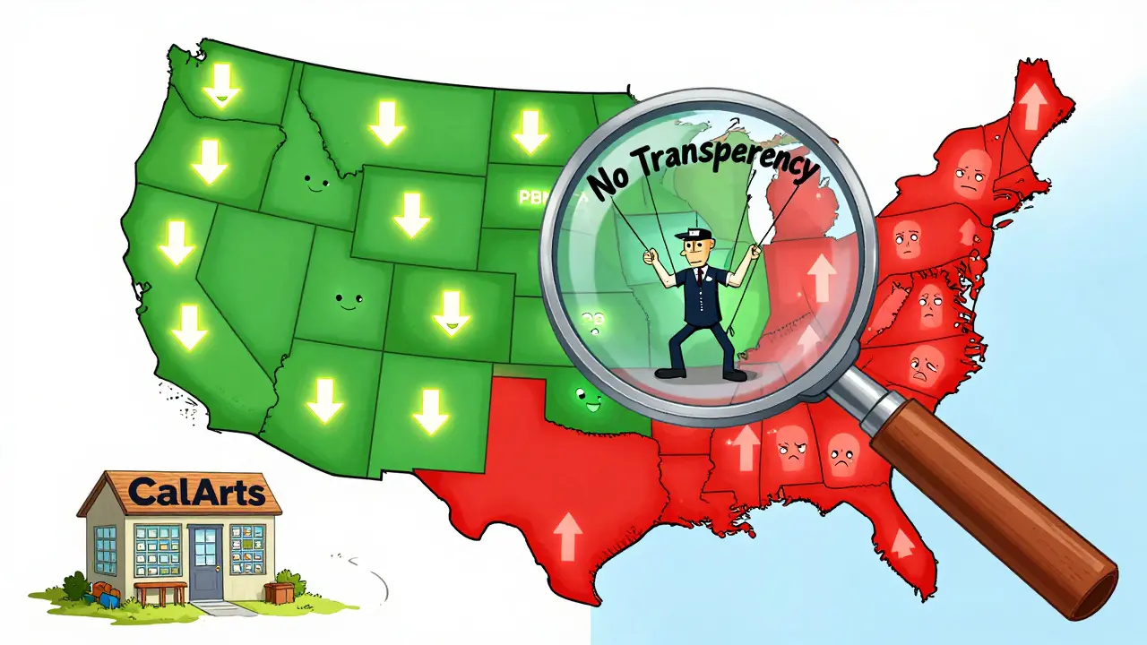 Eine US-Karte mit leuchtenden Bundesstaaten, die Preisunterschiede zwischen transparenten und undurchsichtigen Regionen zeigen.