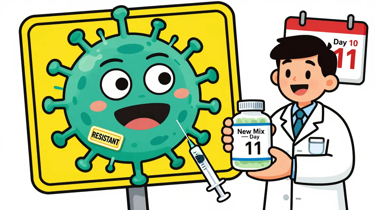 Kind hält trübe Flüssigkeit, während ein resistenter Bakterien-Charakter droht — ein Apotheker reicht eine neue Flasche für Tag 11.