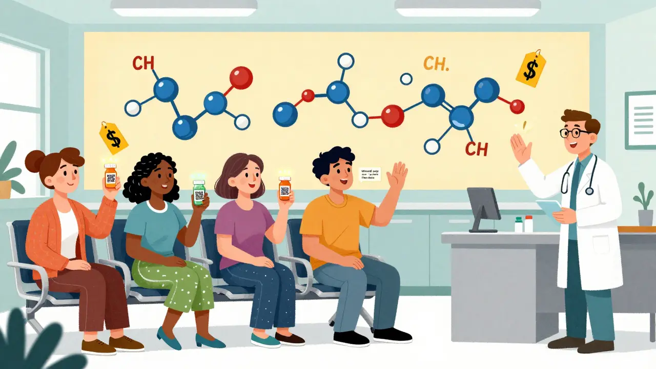 Patienten in einer Arztpraxis halten Pillenflaschen mit leuchtenden QR-Codes, ein Apotheker gibt ihnen eine Info-Karte.