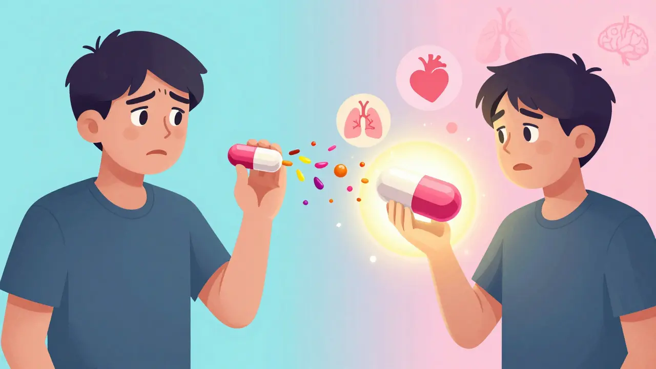 Vergleich: Traditionelles Generikum mit sichtbaren Hilfsstoffen vs. autorisiertes Generikum mit reibungsloser Wirkung im Körper.