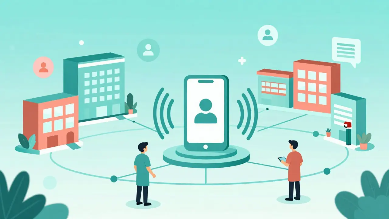 Zukünftige digitale Vernetzung von Arztpraxis und Apotheke als bunte Illustration