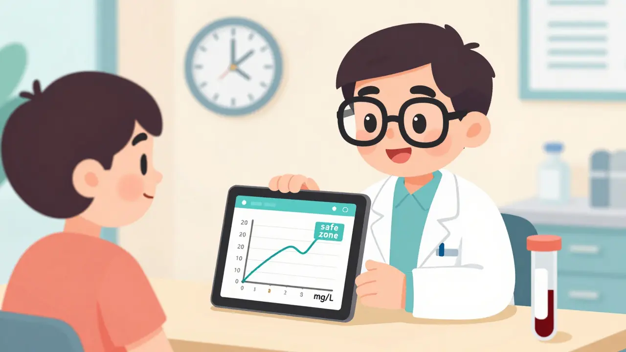 Arzt erklärt einem Patienten den therapeutischen Bereich anhand eines Blutwert-Diagramms.