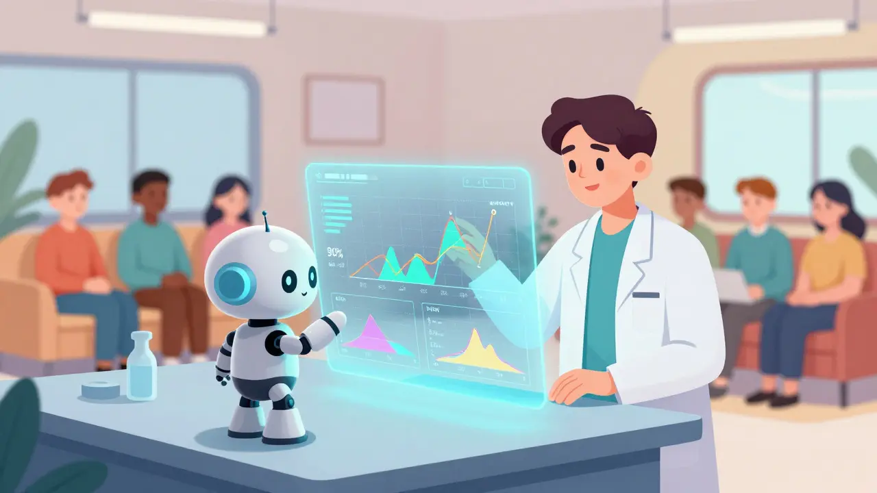 Biostatistiker und Roboter analysieren pharmakokinetische Daten an einem Hologramm-Bildschirm.