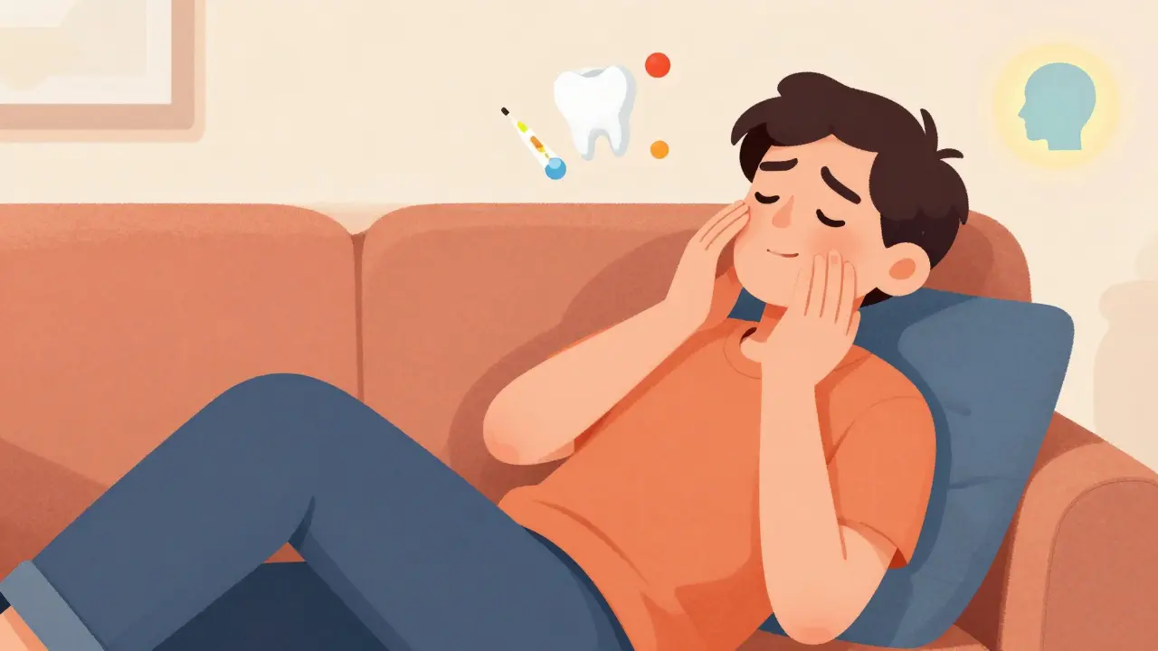 Entspannte Person mit Symbolen für Kopfschmerz- und Fieberlinderung