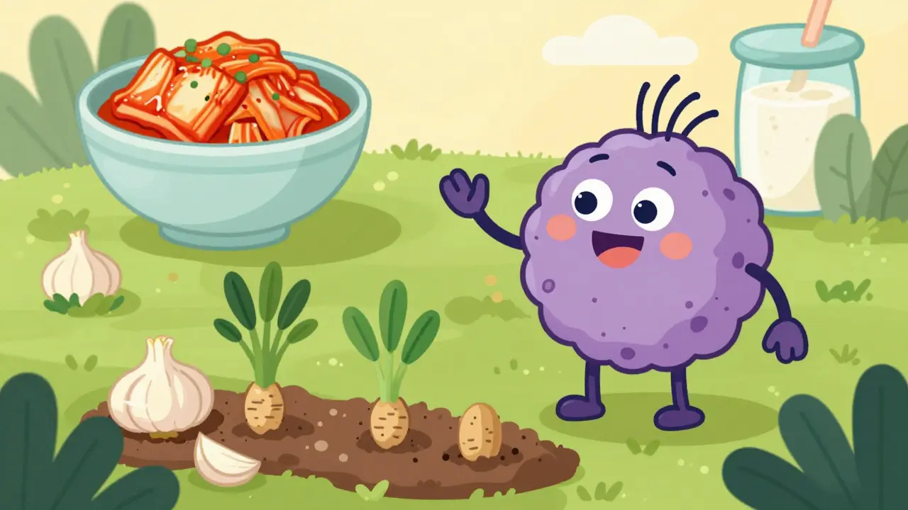 Fröhliche Bakterien, die Präbiotika in einer grünen Darmlandschaft pflanzen