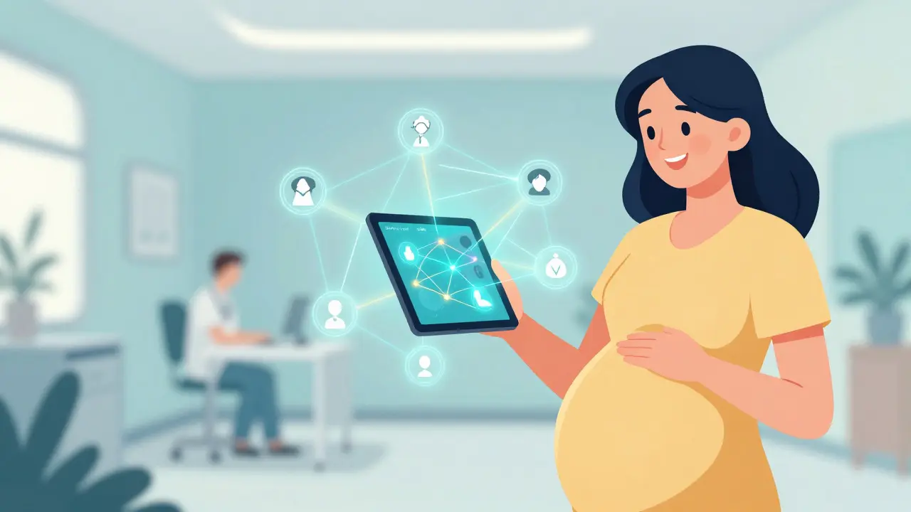 Glückliche schwangere Frau mit digitaler Vernetzung zwischen ihren behandelnden Ärzten.