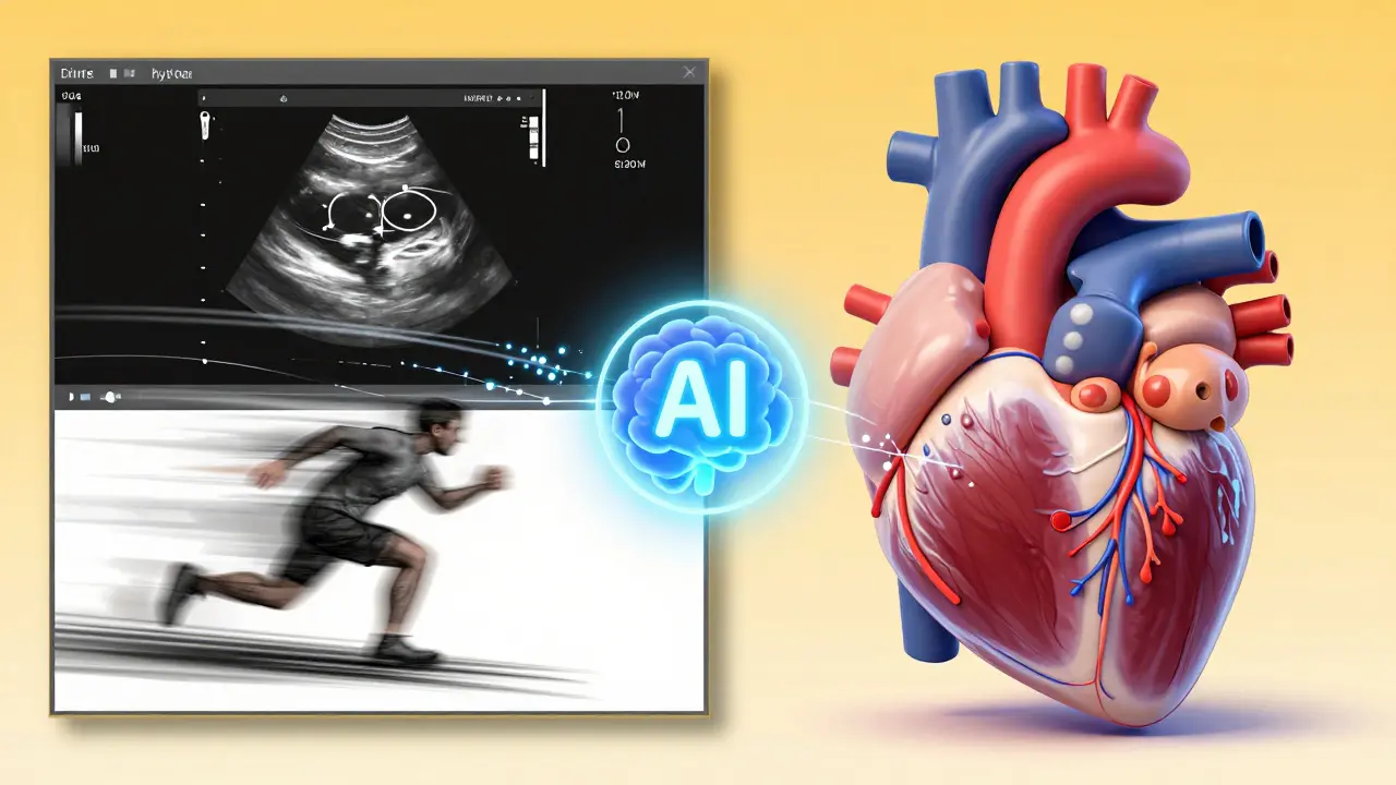 Konzeptbild zur Verbindung von Ultraschall, MRT und KI in der Kardiologie.