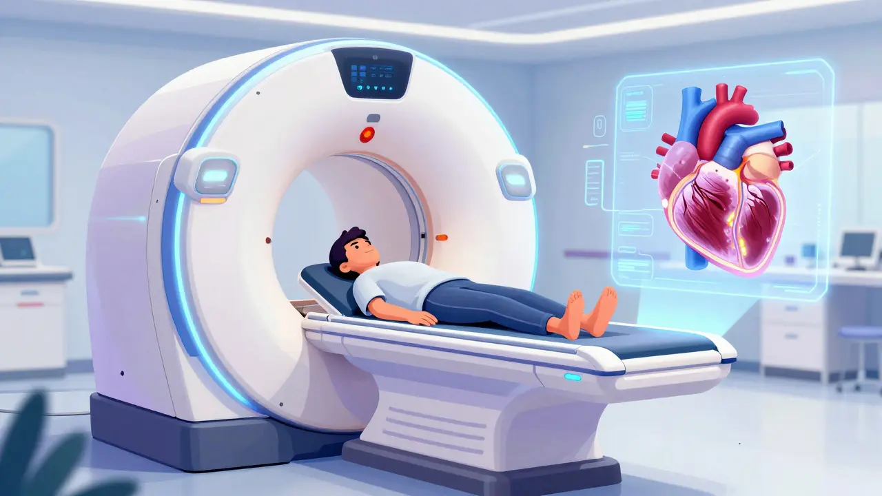 Patient in einem modernen MRT-Scanner mit holografischen Herzmodellen.