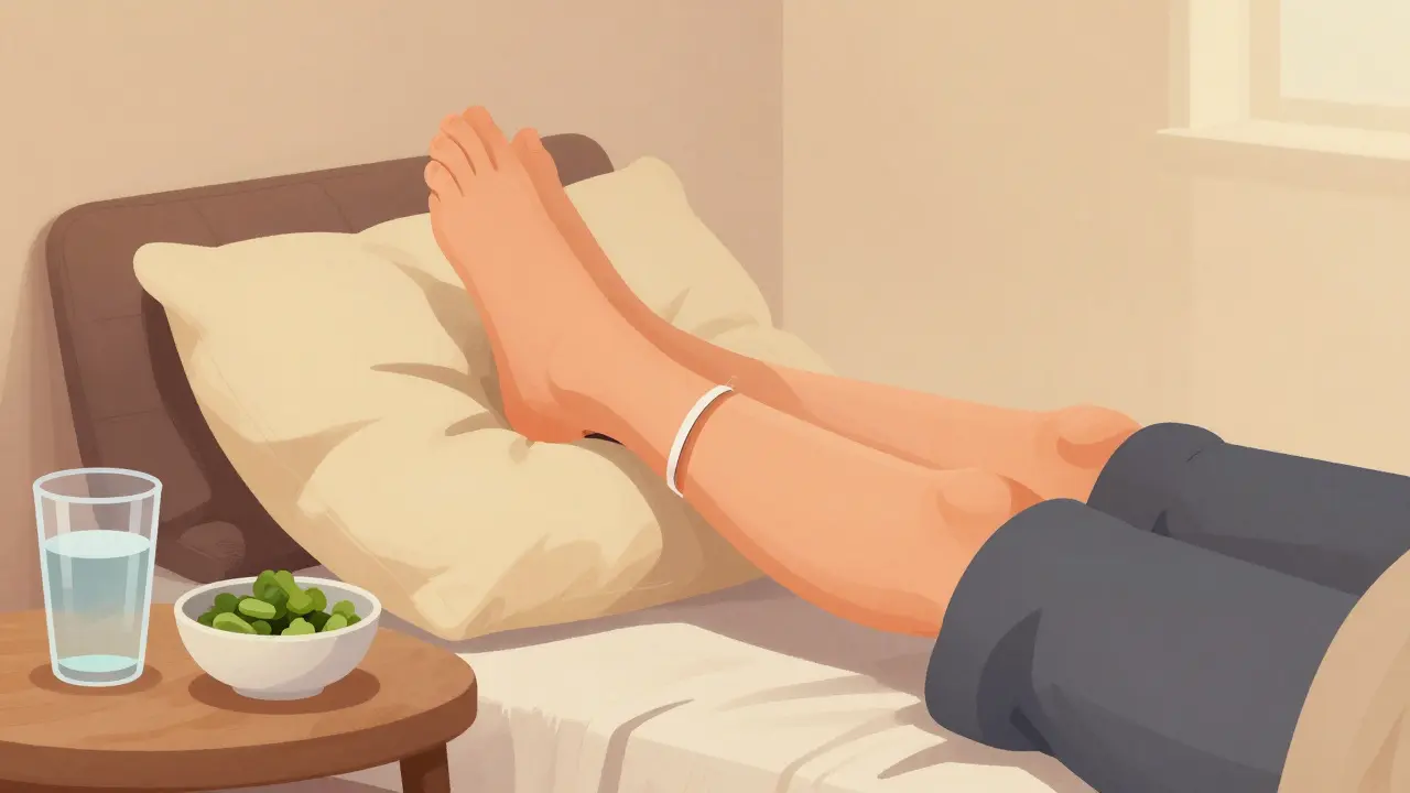 Person, die zur Linderung von Schwellungen die Beine hochlagert und eine salzarme Ernährung nutzt.