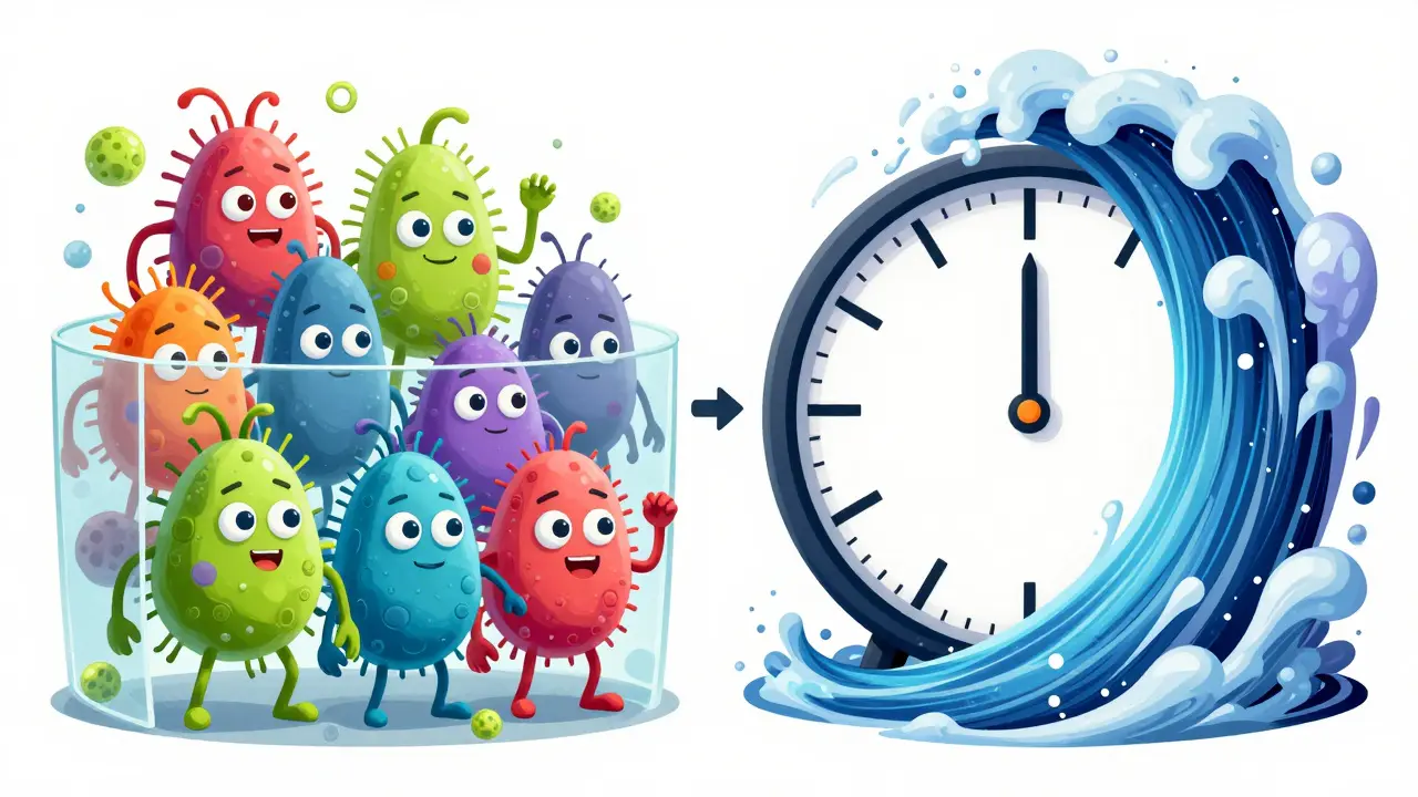 Probiotika und Antibiotika getrennt durch eine Uhr in einem comicartigen Kampf