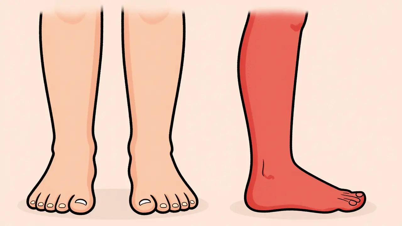 Vergleich zwischen beidseitigen Medikamenten-Ödemen und einer einseitigen Schwellung bei Thrombose.