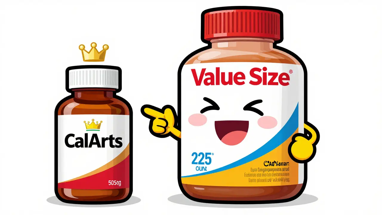Vergleich zwischen einer kleinen Markenpackung und einer großen Value-Size Packung Generika