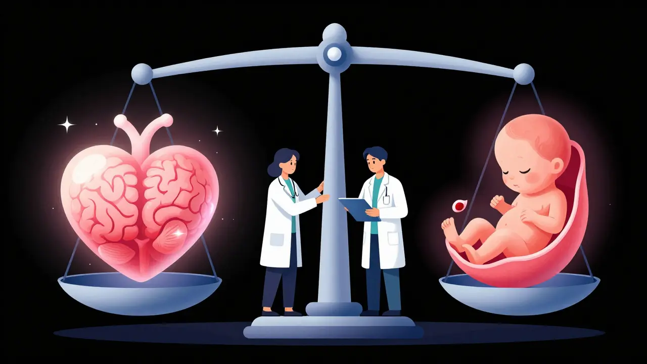 Waage mit mütterlicher psychischer Gesundheit und einem Fötus, ausbalanciert durch zwei Ärzte.