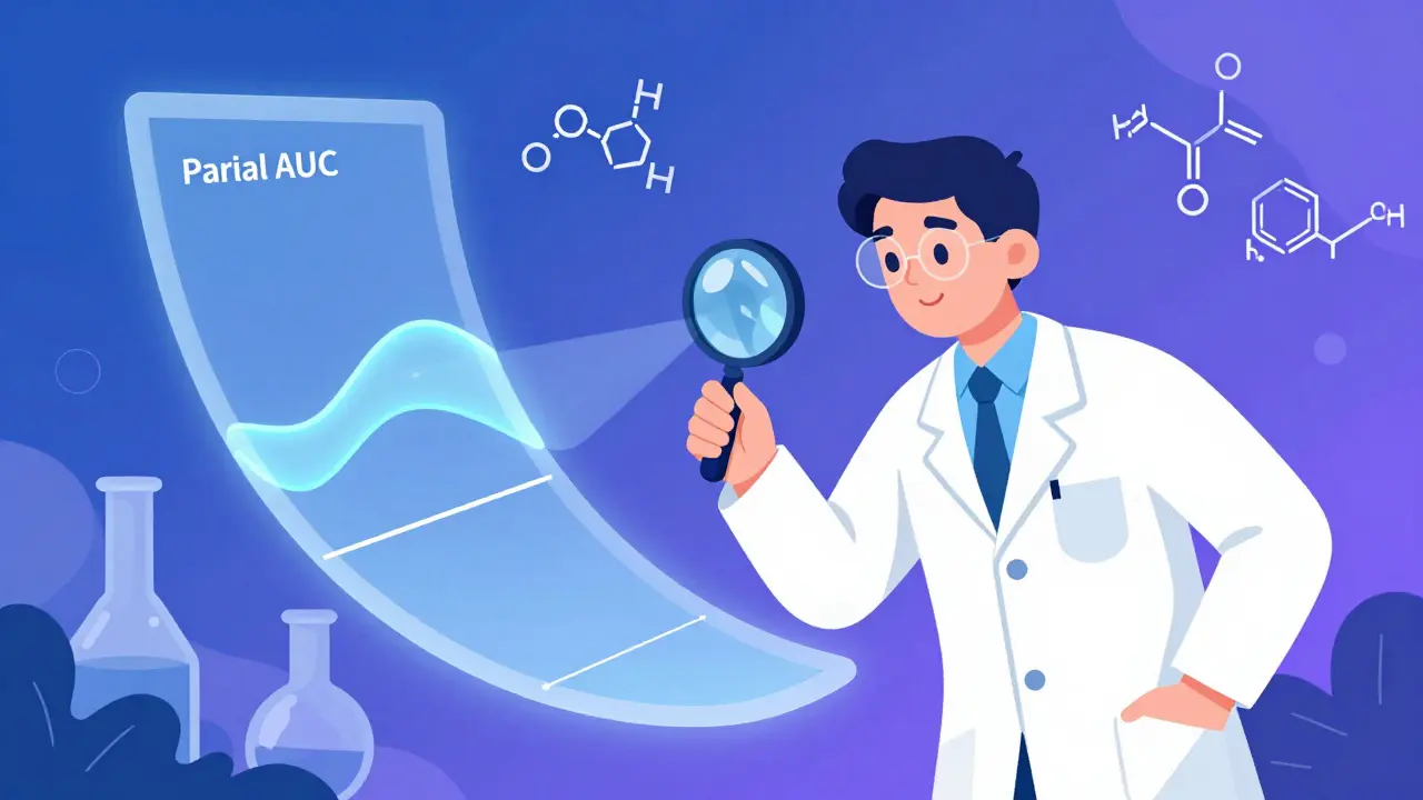 Wissenschaftler untersucht mit einer Lupe einen spezifischen Zeitabschnitt einer Wirkstoffkurve.