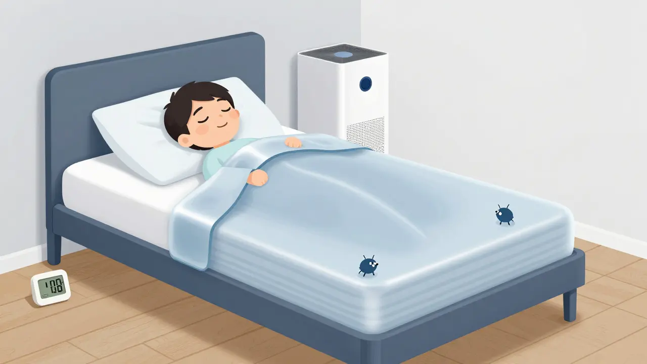 Allergikerfreundliches Schlafzimmer mit Milbenschutzbezug und Luftreiniger im Cartoon-Stil