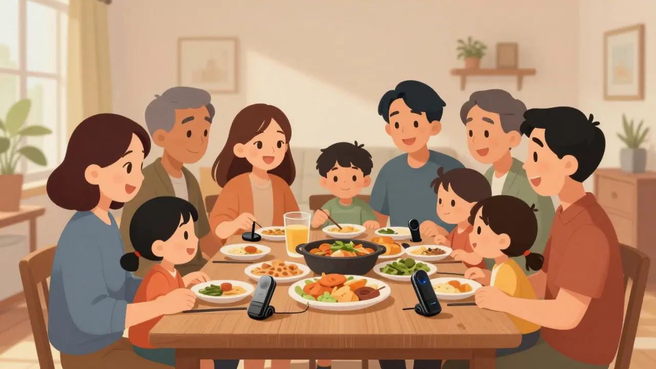 Familie beim Essen mit integrierten Mikrofonen für bessere Kommunikation