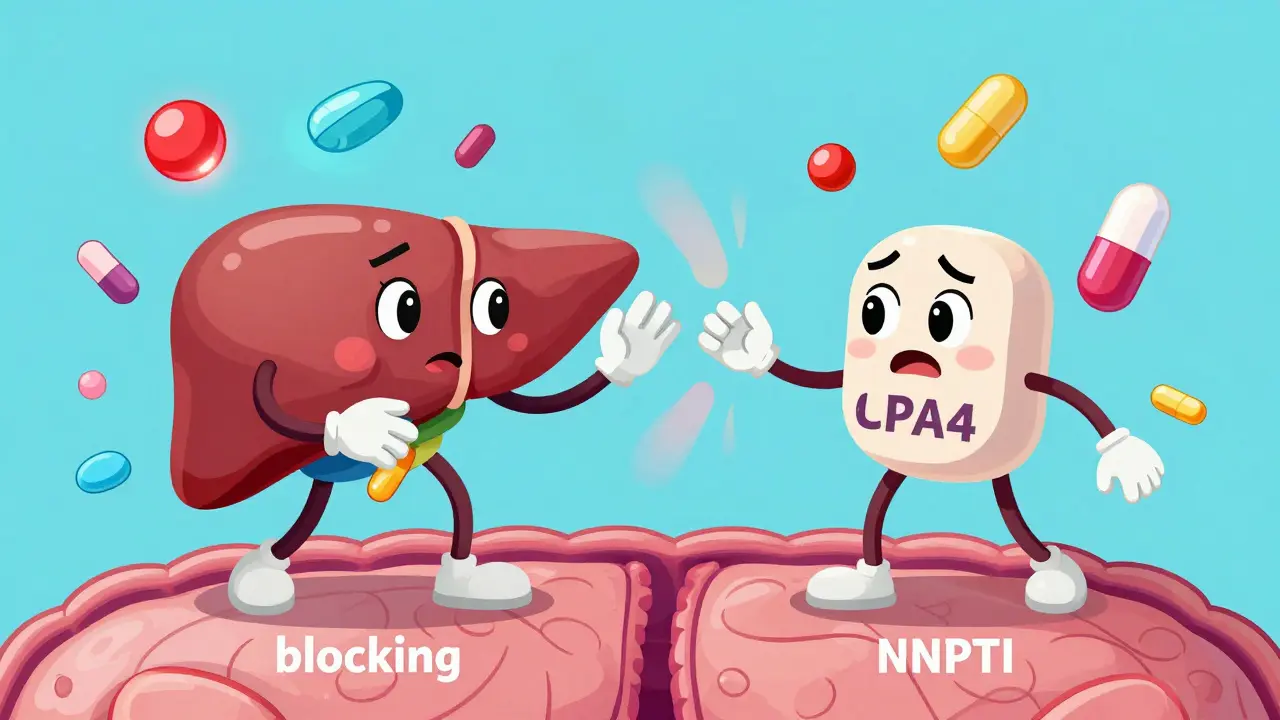 Illustration: Leberenzyme interagieren mit verschiedenen HIV-Medikamenten und Begleitwirkstoffen.