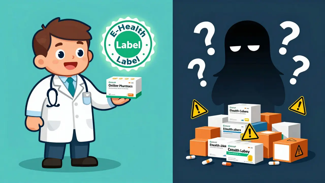 Kartoon-Vergleich zwischen seriöser Online-Apotheke und unseriösen Anbietern
