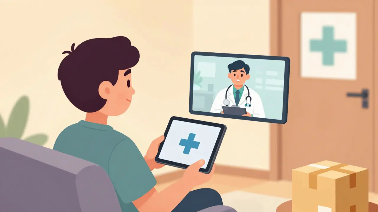 Cartoon: Patient gets prescription via video call and home delivery