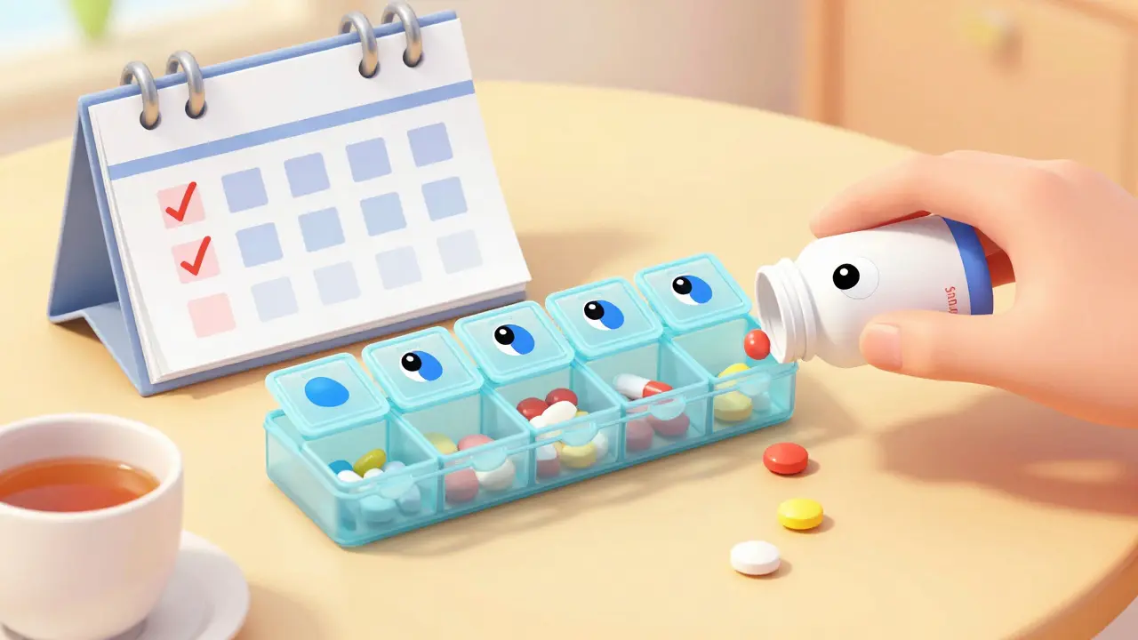 Organisierte Pillendose mit Farbpunkten und umgedrehter Flasche