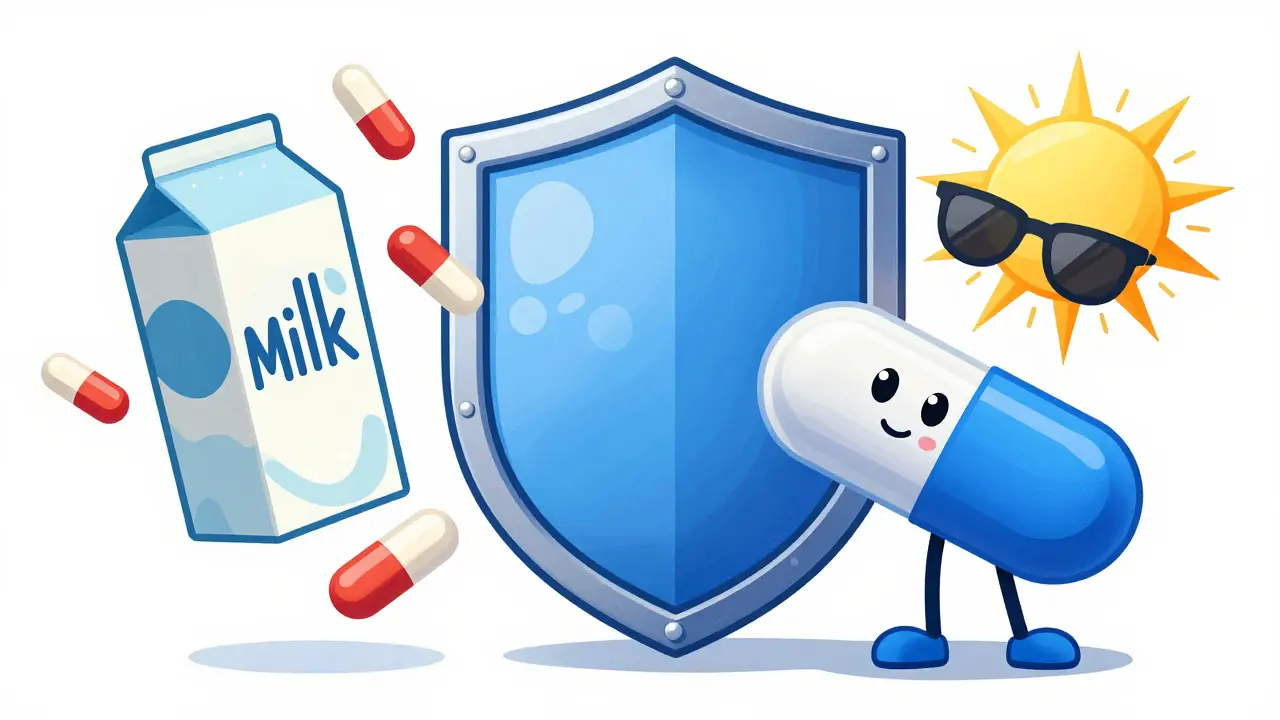 Schutzschild um Antibiotikum blockiert Milchprodukte und Sonnenstrahlen