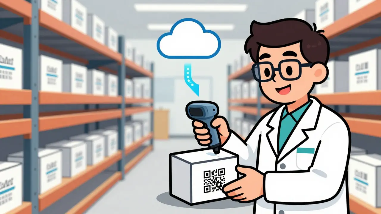 Apotheker scannt QR-Code auf Medikamentenbox im Lager