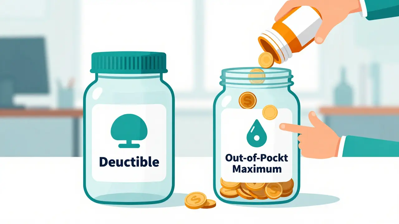 Illustration von zwei Gläsern: Deductible leer, Out-of-Pocket-Maximum füllt sich mit Münzen