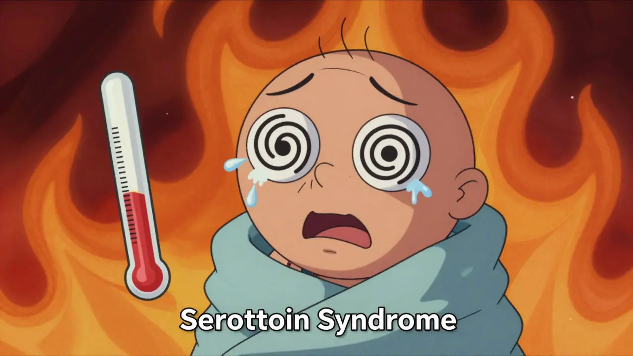 Karikatur eines Patienten mit Fieber, Schüttelfrost und Verwirrung durch Serotonin-Syndrom