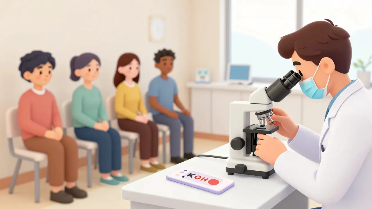 Dermatologe untersucht Nägel unter dem Mikroskop in der Praxis